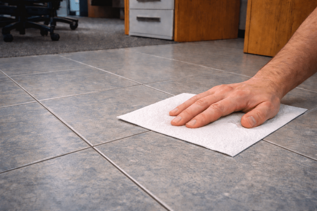 wiping commercial tile floor with a white towel